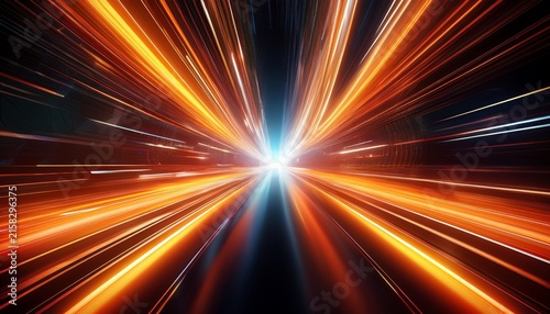 futuristic light speed tunnel with glowing orange and white neon trails flowing through a dark abstract digital space void