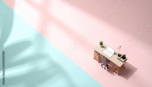 Minimalist Home Office Desk Setup with Soft Light and Shadows.