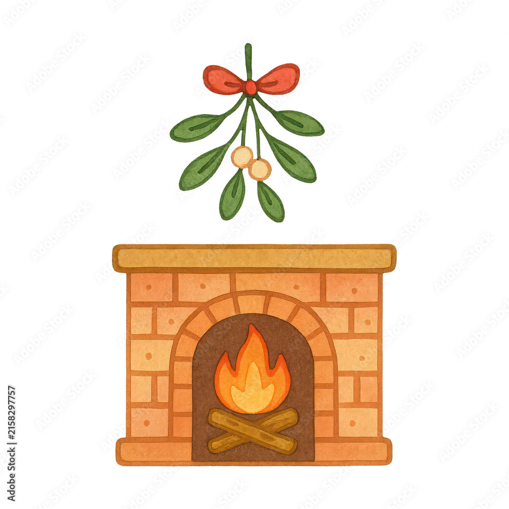 Fototapeta premium PNG Cozy fireplace with mistletoe illustration.