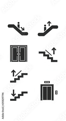 Black and white elevator and staircase direction icons set.