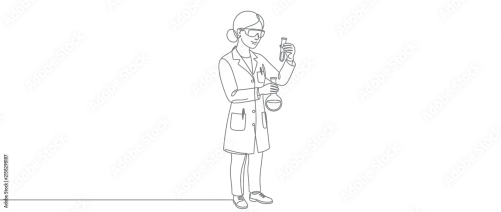 Fototapeta premium Scientist in lab coat with test tubes, isolated line art