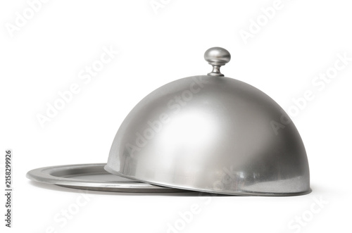 Fotografie Silver tray with cloche on white background