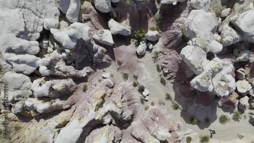 Painted Mines in southern Colorado. Aerial drone birds eye view of geological area with vibrant, multicolored clay and sandstone badlands, prominent hoodoos and spires in El Paso County.