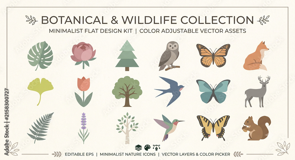 Fototapeta premium Set of seasonal flowers and leaves with summer blossoms, spring butterflies, christmas elements, and colorful floral nature design vectors