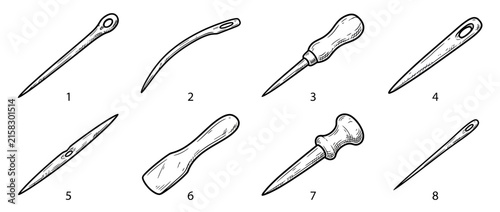 Photography Collection of sewing and leatherworking tools, hand-drawn illustration