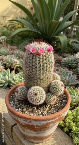 Blooming cactus in terracotta pot with succulents.