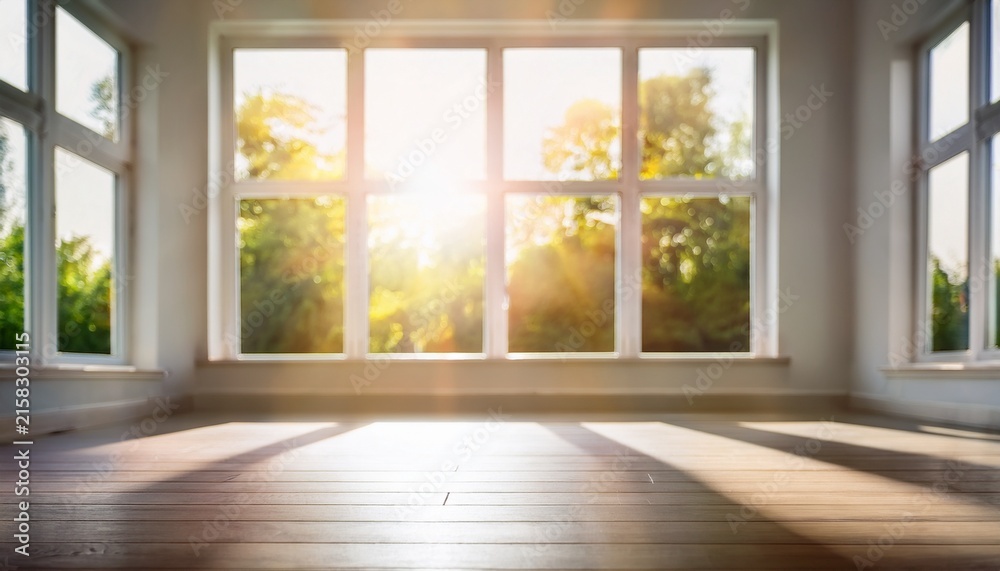 Fototapeta premium blurred morning sunlight in bright white room with large window