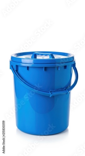 Blue Plastic Bucket with Handle and Lid Isolated on White.