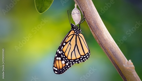 close up of monarch butterfly slowly emerging from chrysalis attached to a green branch soft natural background transformation concept hyper