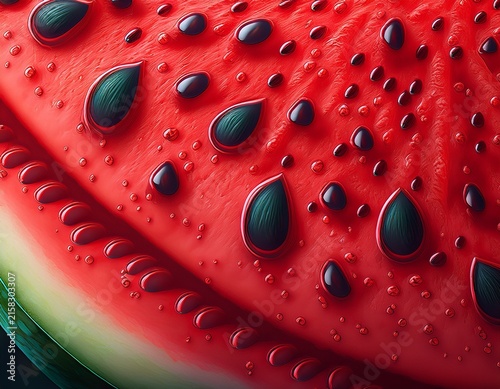 hyper realistic watermelon flesh macro texture juicy fibers and seeds visible vibrant red color with natural gradient fresh wet surface flat