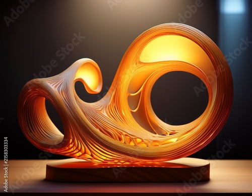 luminous amber toned sculpture on wooden base organic forms glowing with warm light
