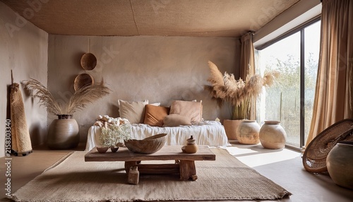 luxury wabi sabi interior with textured plaster walls artisan ceramics raw linen curtains warm muted earth tones soft natural light elegant