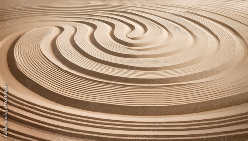 soft beige sand surface with delicate raked circular patterns gentle stone tones organic symmetrical rings flowing outward minimalist zen
