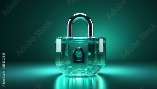 transparent crystal glass padlock on a rich emerald green background subtle reflections cybersecurity and privacy concept premium conceptual