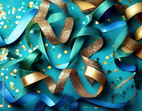 vibrant celebration background with colorful confetti and ribbons in blue green and gold hues