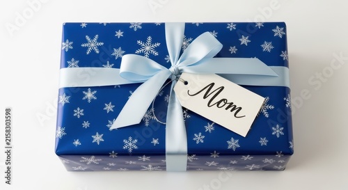 Blue Snowflake Gift Box with Mom Tag and Ribbon.