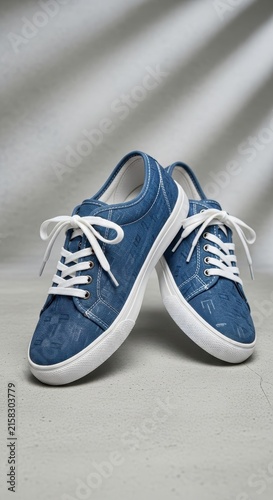 Blue Suede Casual Sneakers with White Soles on Gray Background.