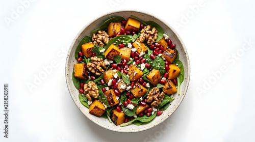 Healthy roasted pumpkin and spinach salad with walnuts and pomegranate seeds in a bowl.