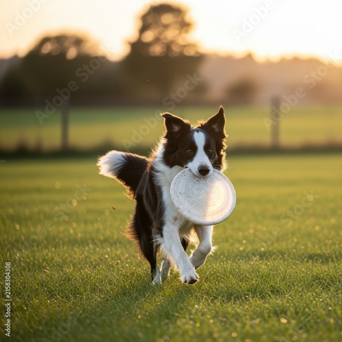 Border Collie Running with Frisbee in Golden Hour Field.