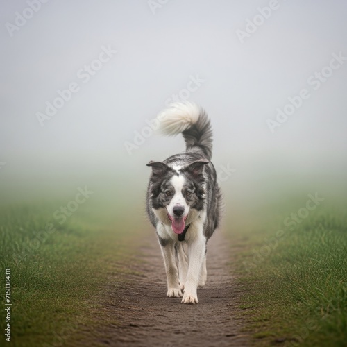 Border Collie Running Through Misty Field Path.