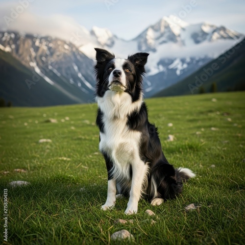 Border Collie Sitting in Alpine Meadow with Snowy Mountains.