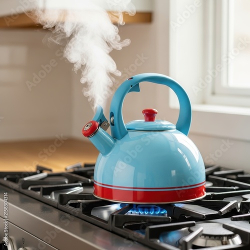 Blue Whistling Kettle Boiling on Gas Stove in Kitchen.