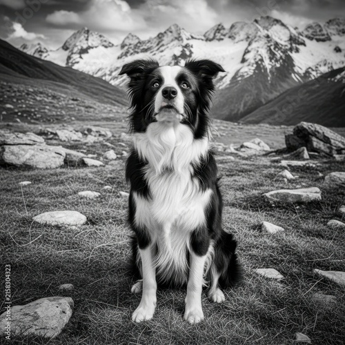 Border Collie Sitting in Mountain Landscape Black and White.