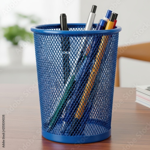 Blue wire mesh desk organizer with pens and pencils.