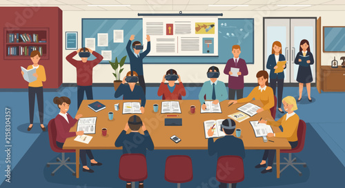 Business professionals attending a corporate conference room workshop wearing virtual reality headsets
