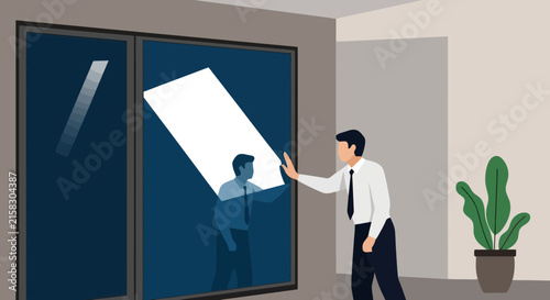 Businessman touching large glass window in modern office interior