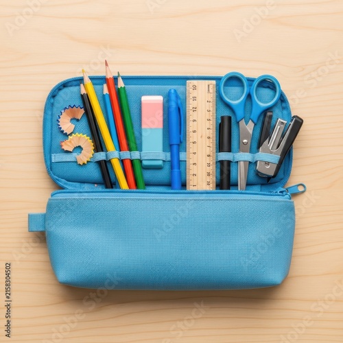 Blue pencil case filled with school supplies on wooden surface.