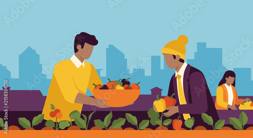 Diverse people harvesting fresh organic bell peppers on urban rooftop farm