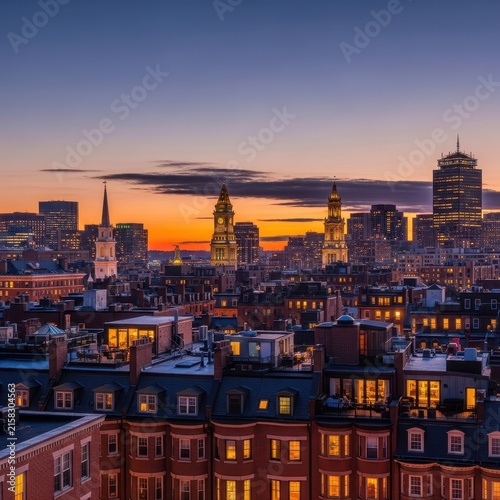Boston skyline at dusk with warm city lights and historic architecture.