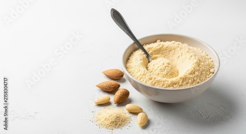 Bowl of ground almond flour with whole almonds on white background.