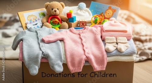 Box of baby clothes and toys for charity donations.