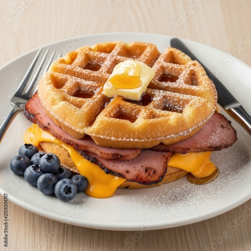 Breakfast waffle sandwich with ham cheese and blueberries.