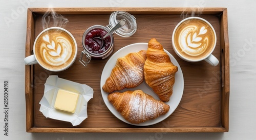 Breakfast tray with croissants coffee and jam on wood.