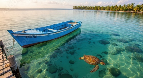 Blue wooden boat floating over clear tropical water with sea turtle.
