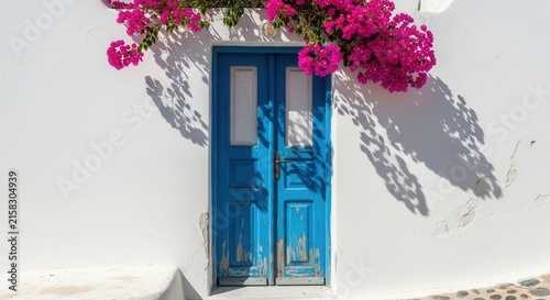 Blue wooden door with vibrant bougainvillea flowers.