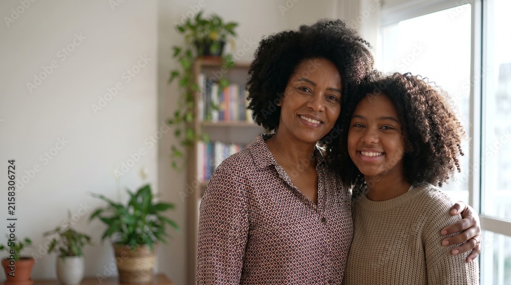 Obraz premium Happy mother and daughter smiling together indoors with plants and bookshelf
