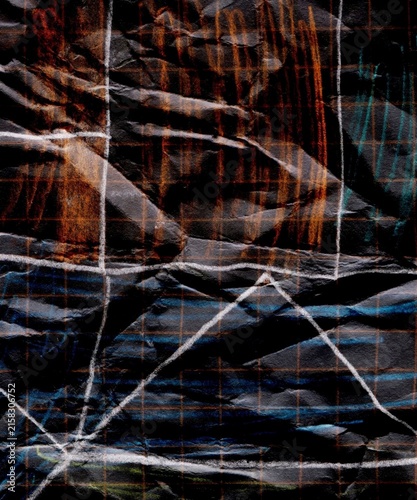 Abstract Artistic Background with Geometric White Lines Over Crumpled Dark Paper Texture Surface