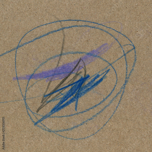 Abstract scribble drawing with blue and purple wax crayons on light brown craft paper background