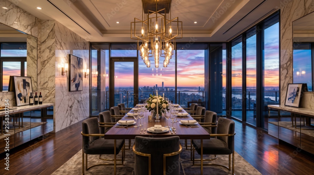 Fototapeta premium Luxury dining room interior with marble walls and sunset city skyline view