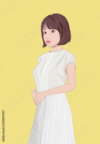 手を前に組むきょとんとした表情の少女イラスト