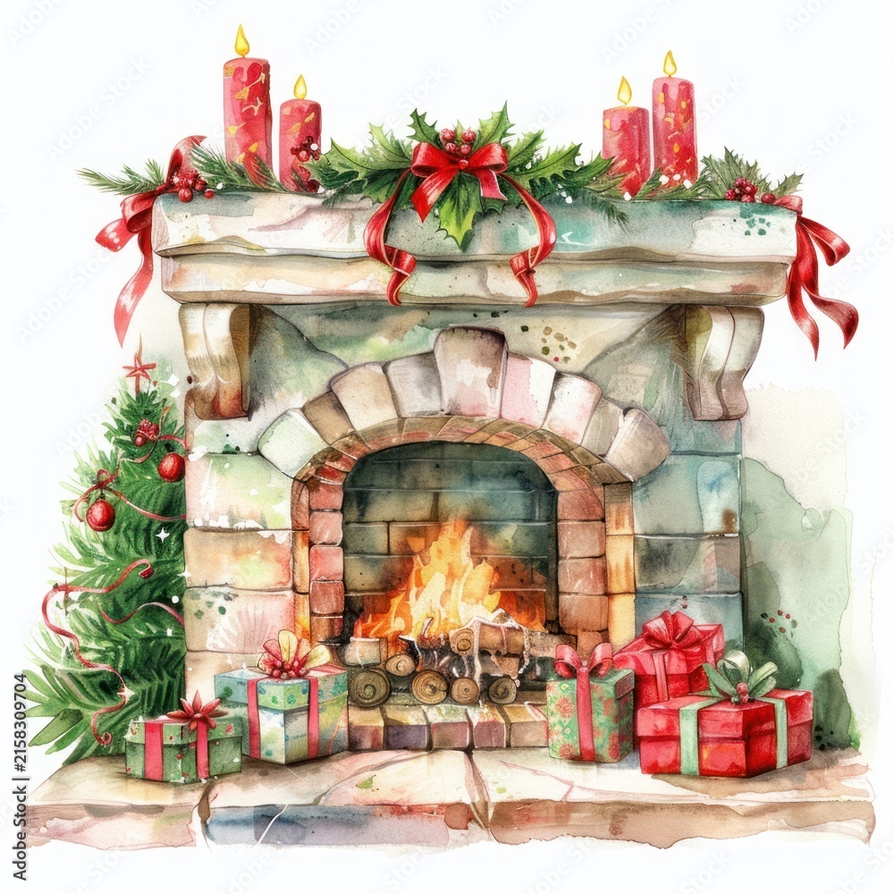 Fototapeta premium Festive fireplace with holiday decorations.