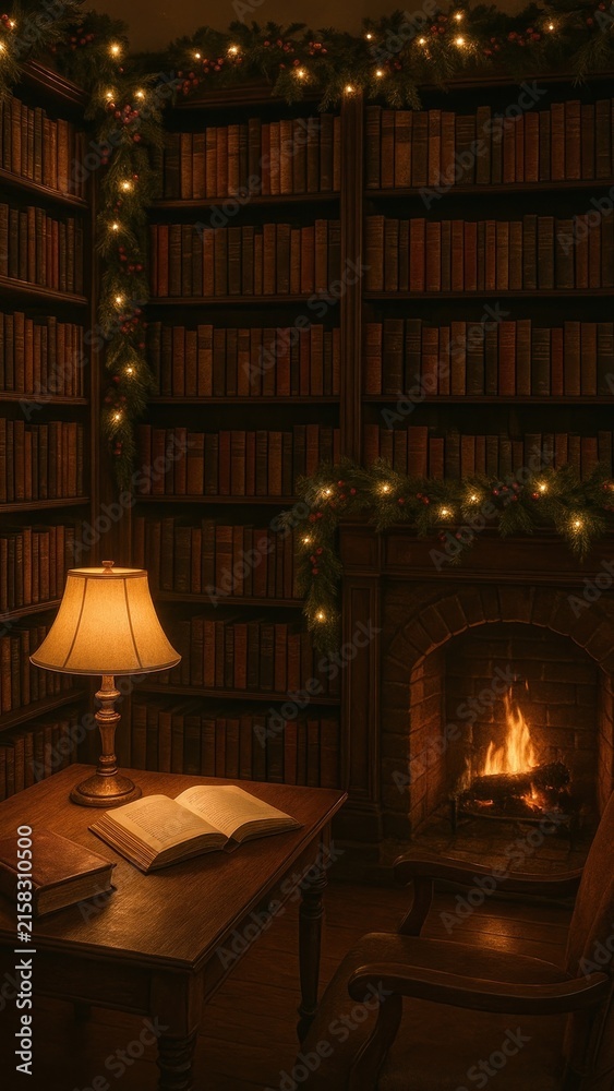 Naklejka premium Cozy library with fireplace.