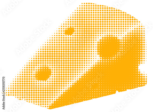 ABSTRACT VECTOR ILLUSTRATION OF A SWISS CHEESE SLICE WITH HOLES, CREATED WITH A YELLOW AND ORANGE HALFTONE DOT PATTERN. MODERN POP ART AND RETRO COMIC BOOK STYLE DESIGN, PERFECT FOR FOOD, DAIRY