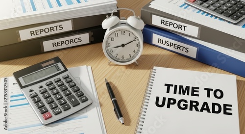 Business desk with reports calculator and upgrade sign.