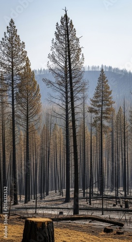 Burnt pine forest with charred trees and hazy sky.