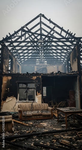 Burnt wooden house frame with charred furniture inside.